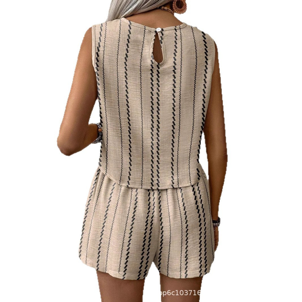 Womens Casual Striped Sleeveless Fashion Top And Shorts Two-Piece Set