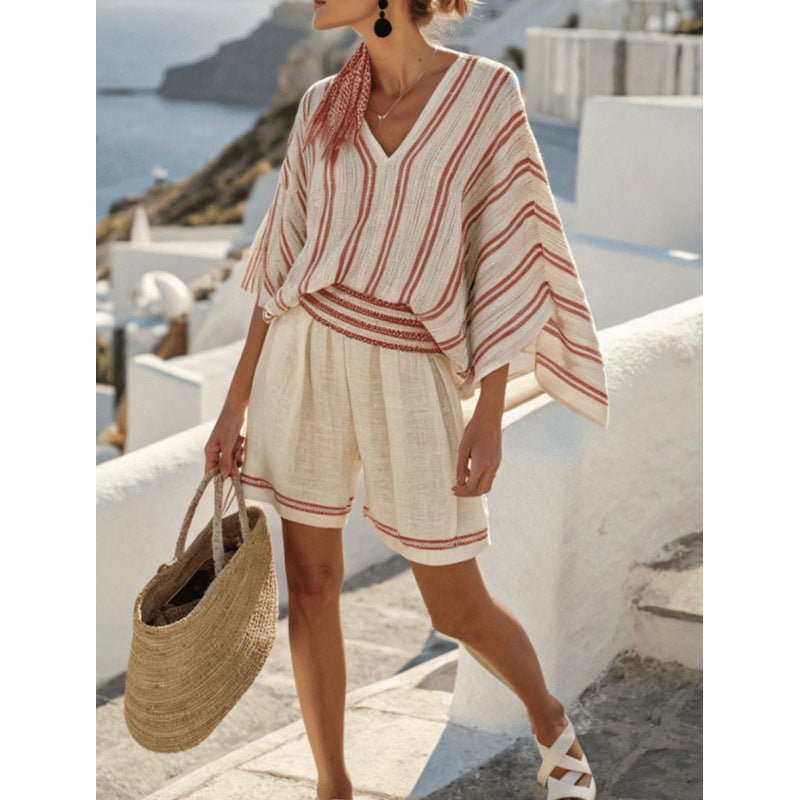 Womens Summer Loose Casual All-Match V-Neck Printed Top