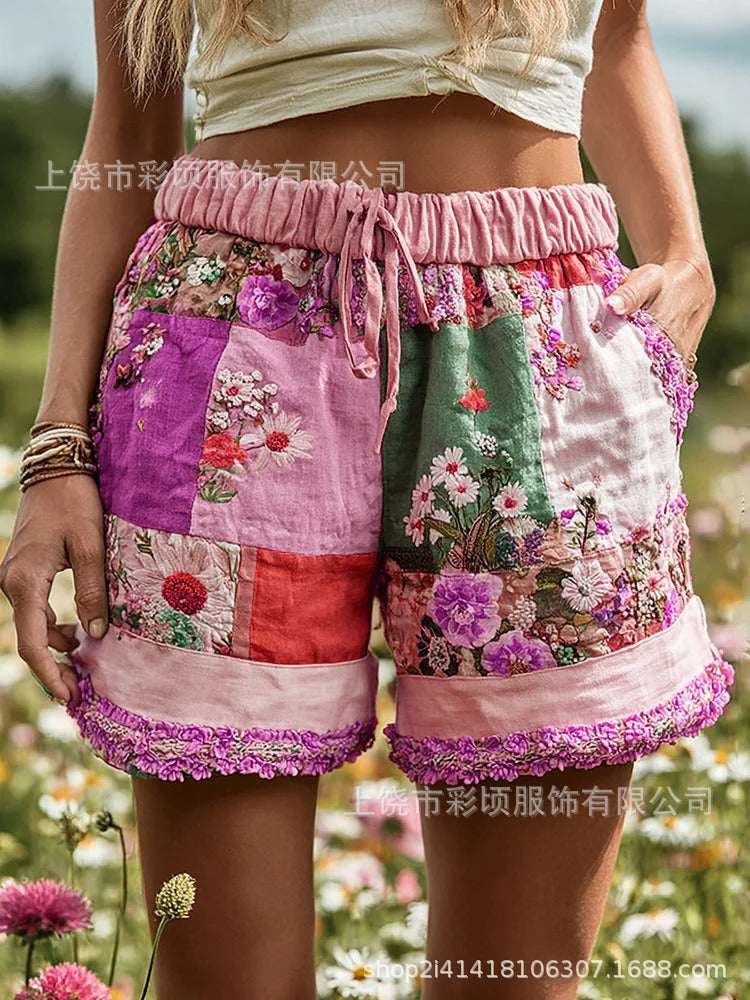 European And American Retro Floral Print Casual Womens Shorts