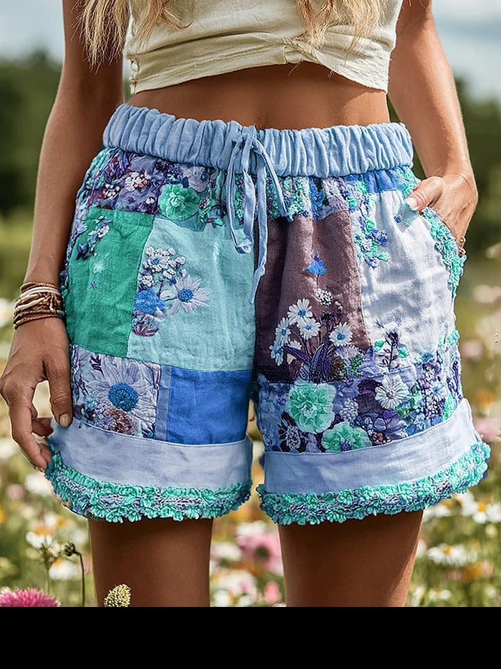 European And American Retro Floral Print Casual Womens Shorts