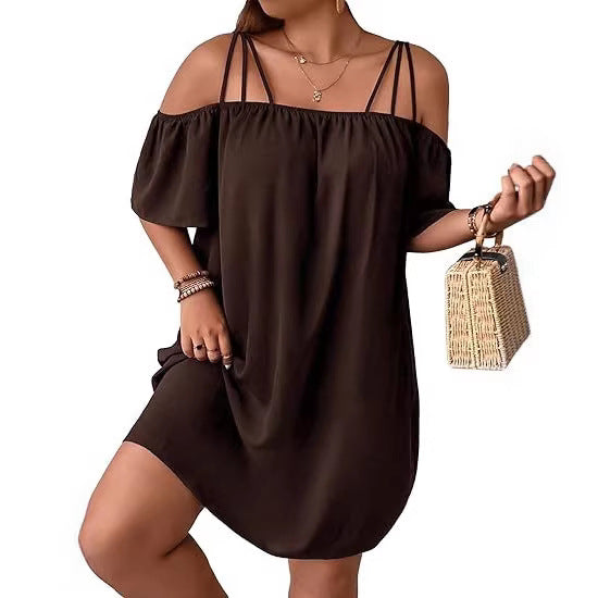 European And American Women's Solid-Color Off-Shoulder Fashion Dress