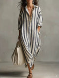 Striped Lapel-collar Dress With Side Slits And Pockets
