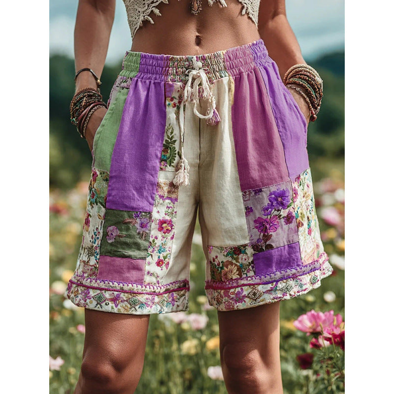 Retro Floral Print Casual Womens Shorts
