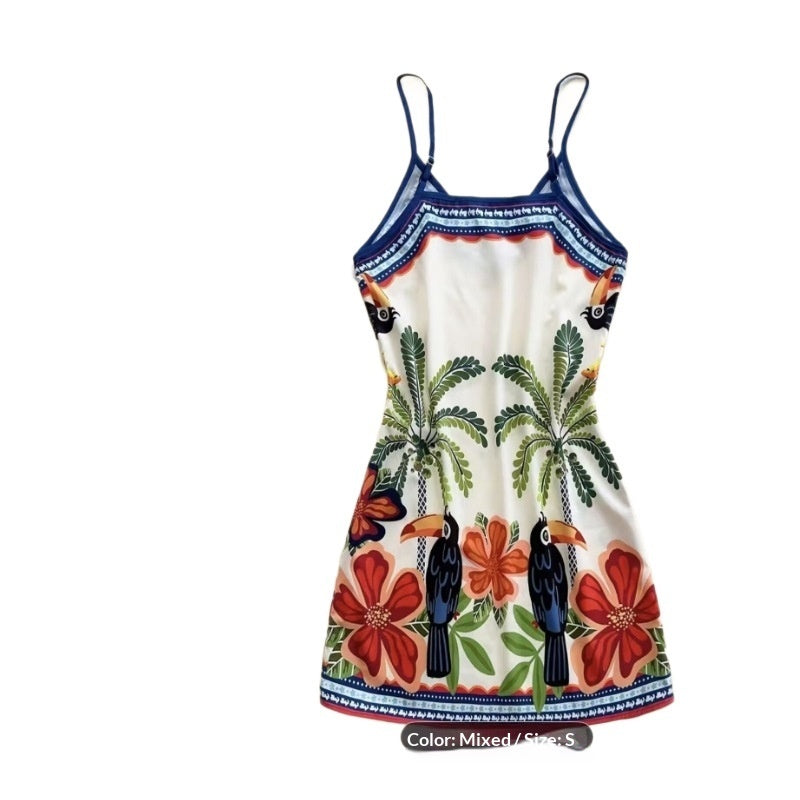 European And American-style Tropical Print V-Neck Slip Dress