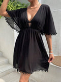 Beach-Style Cover-Up Blouse Lace-Patchwork Waist-Cinched V-Neck Dress