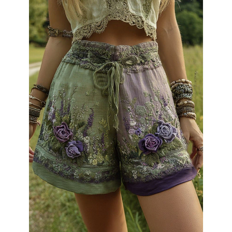 Retro Floral Print Casual Womens Shorts