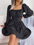 Women  Casual Solid Color Ruffle Square Neck Tie Waist Flowy Dress