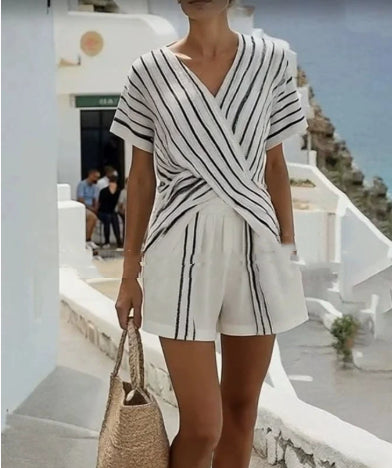 Casual V-Neck Short-Sleeve Striped Color-Block Shorts Two-Piece Set